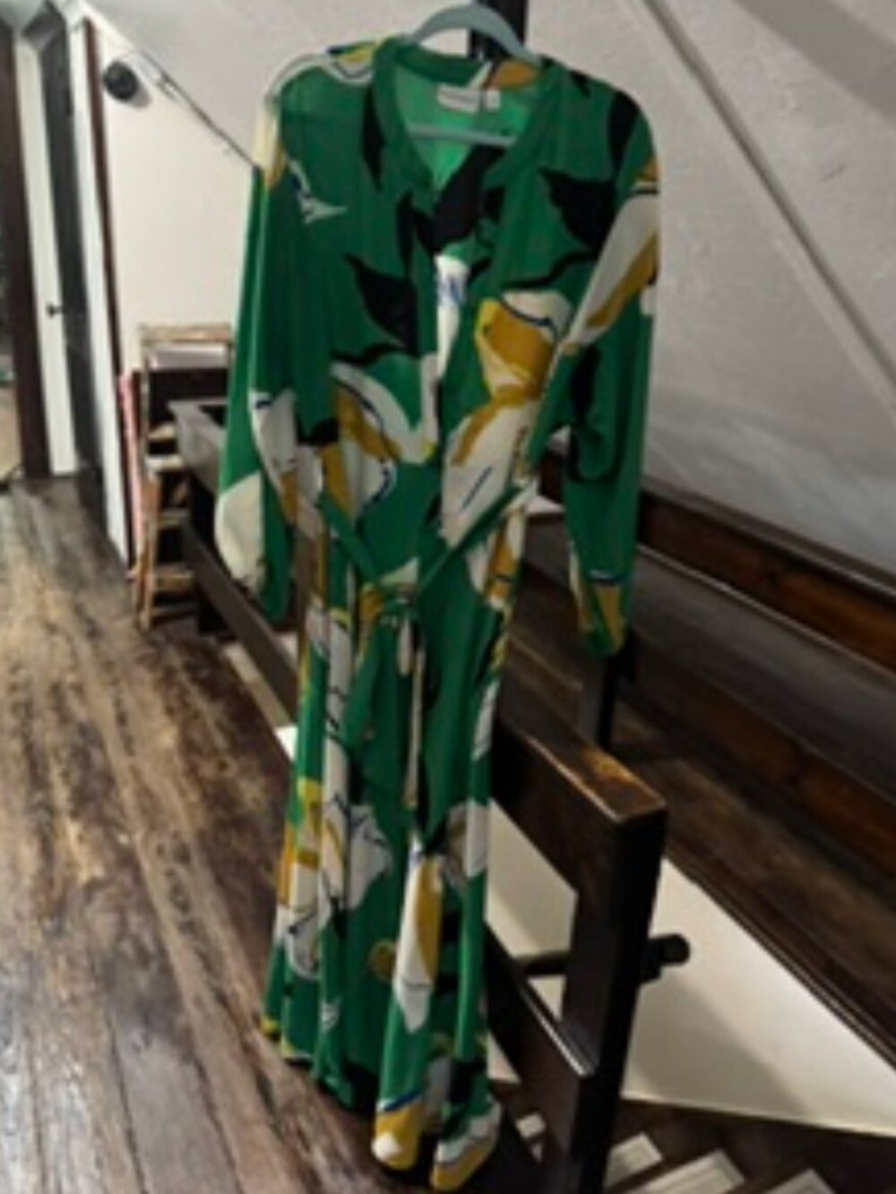 Premier Amour Green Abstract Floral Long Sleeve Tie Waist Maxi Dress | Size 10